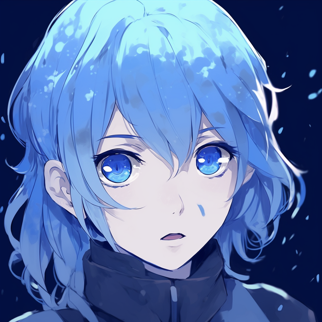Teenage boy with deep blue hair and eyes, art style features fine linework and cool colors. blue anime pfp for characters