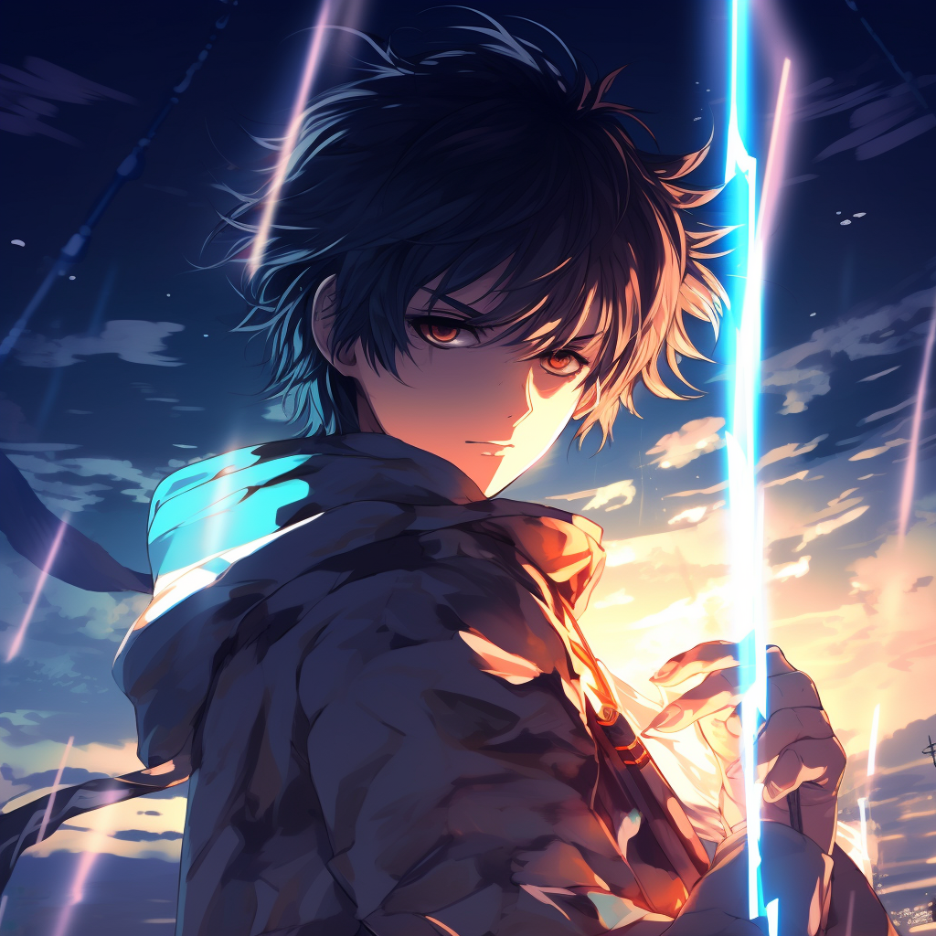 Close-up of an anime boy with a glowing sword, focusing on the intricate details of his facial expression and weapon. 4k anime boy profile photos