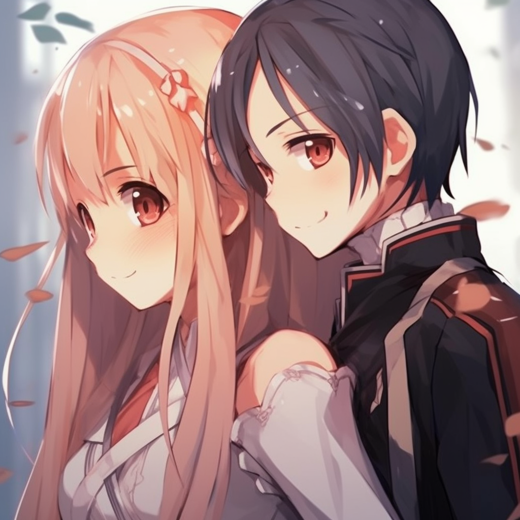 A poetic moment between Kirito and Asuna, soft shading and strong emotions visually present. adorable anime couples matching pfp