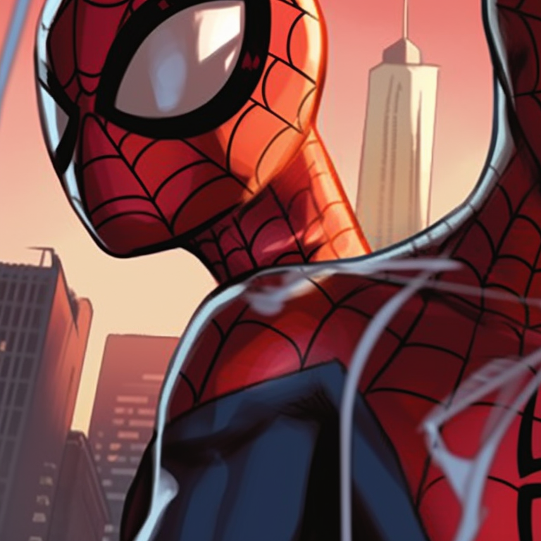 Spider-man and Spider-woman sharing a look under a moonlit sky, soft colors and romantic mood. cartoon themes for spider man matching pfp pfp for discord.