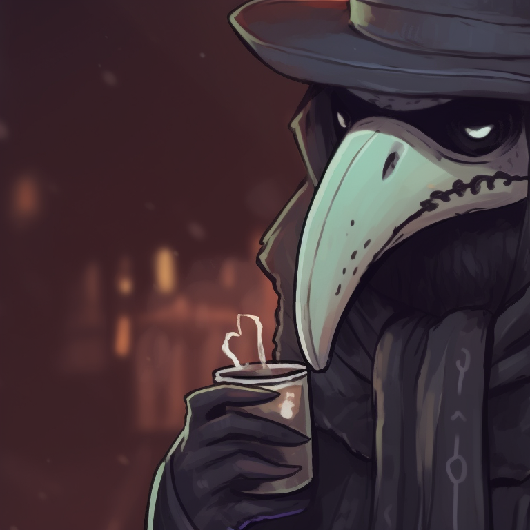 Two plague doctors sipping on warm drinks, their breath visible in the cold, wintry air. matching plague doctor pfp festive season pfp for discord.