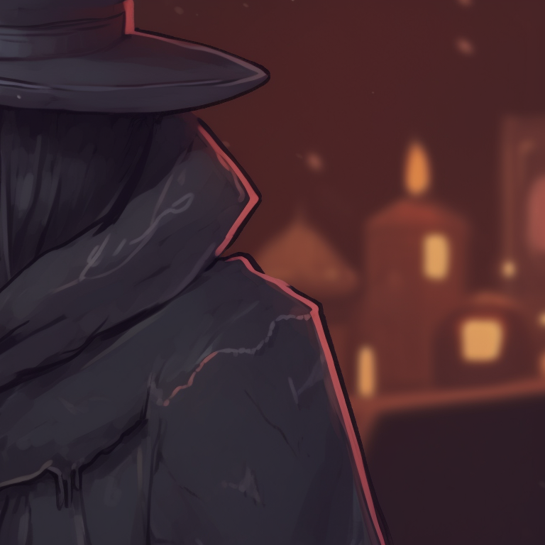 Two plague doctors sipping on warm drinks, their breath visible in the cold, wintry air. matching plague doctor pfp festive season pfp for discord.