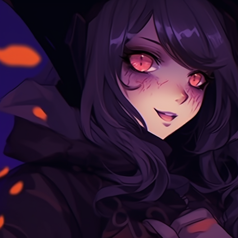 Two characters under candlelight, soft yellow glow, sharing a book of incantations. dark matching pfp halloween theme couples pfp for discord.