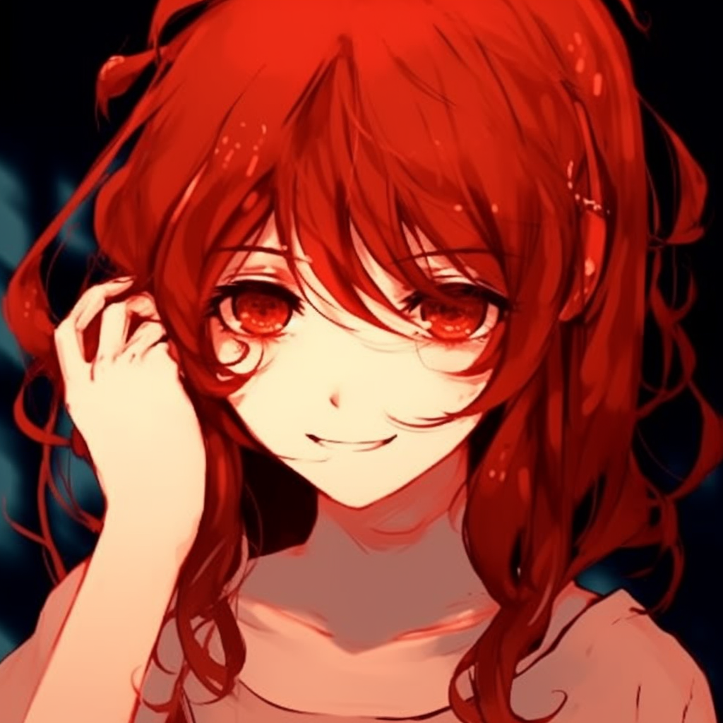 A cute anime girl with red hair, bright eyes and a sweet smile, detailed with vibrant colors and soft shading. adorable red anime pfp
