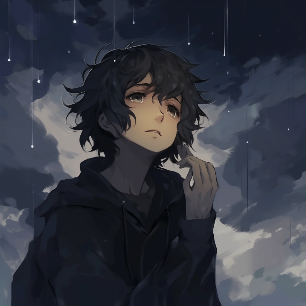 Profile picture featuring anime character by the ocean, cool tones for water and sky elements, line art for character design. chill anime pfp inspirations