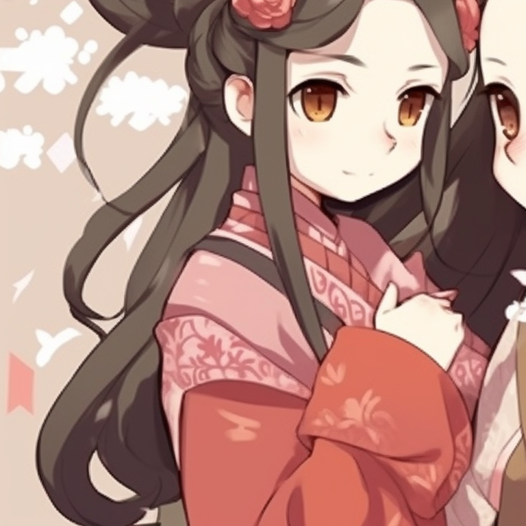 Nezuko with a friendly demon on a snowy night, muted colors and mellow atmosphere. nezuko-themed matching christmas pfp pfp for discord.