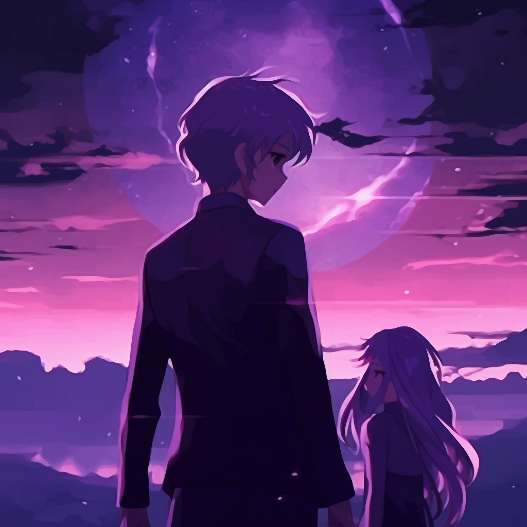 Purple-haired anime protagonist in an action pose, with spiky flash lines and high contrast. trending purple anime pfp gifs