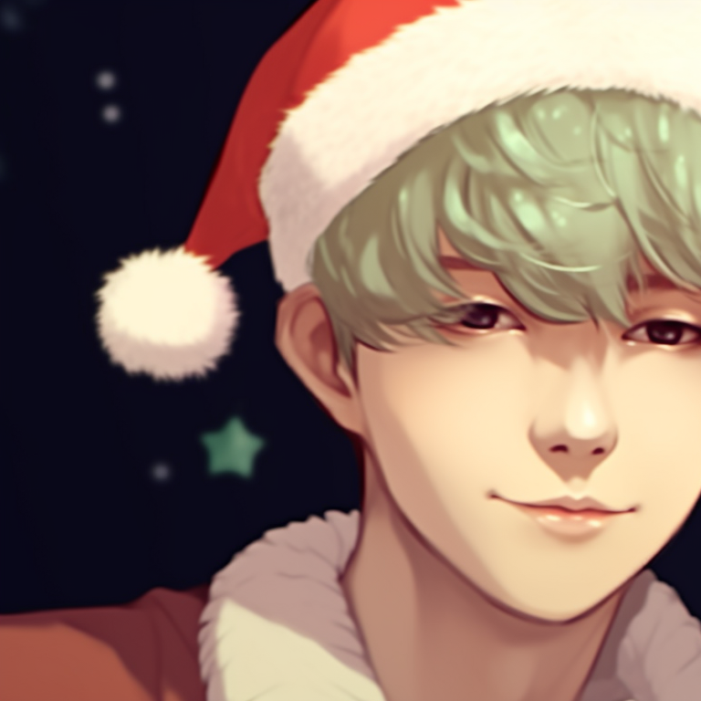 Two characters exchanging Christmas gifts, warm colors and soft shading. matching bts christmas pfp art for fans pfp for discord.