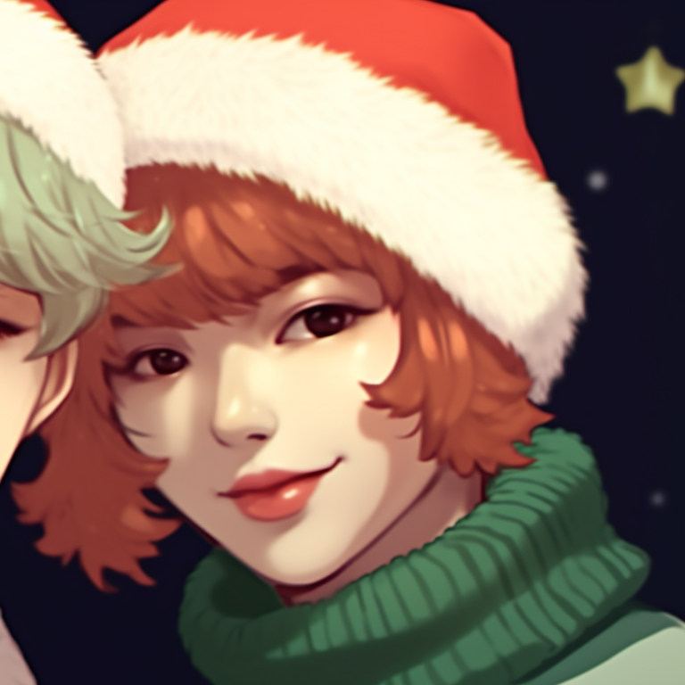 Two characters exchanging Christmas gifts, warm colors and soft shading. matching bts christmas pfp art for fans pfp for discord.