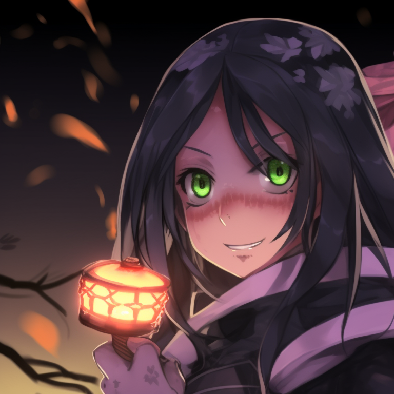 Close-up of Mitsuri and Obanai's faces, high contrast and compelling expressions. selection of mitsuri and obanai halloween match pfps pfp for discord.