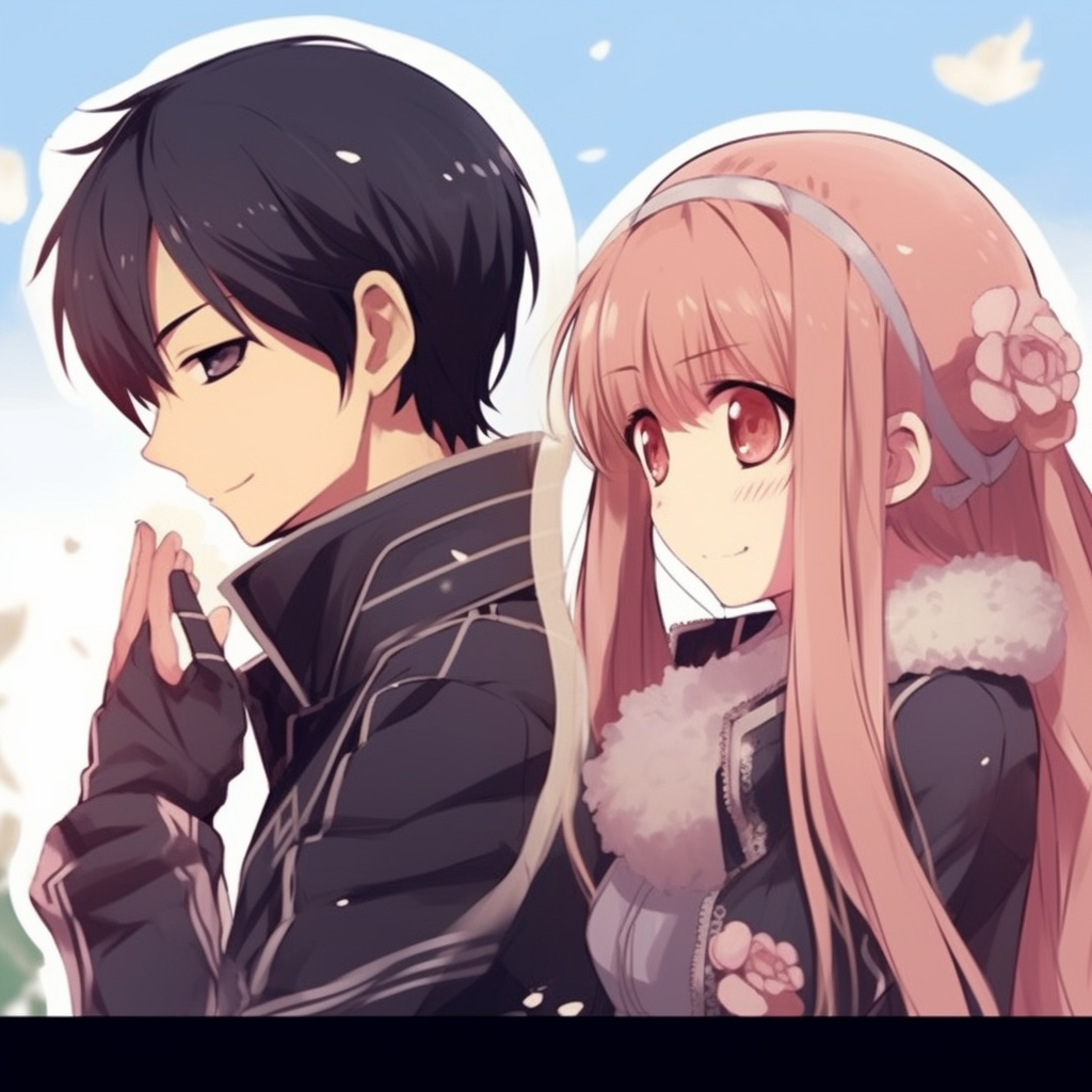 Kirito and Asuna from Sword Art Online sharing a tender moment, soft colors and intricate shading best duo: matching anime pfp for girl and boy couples
