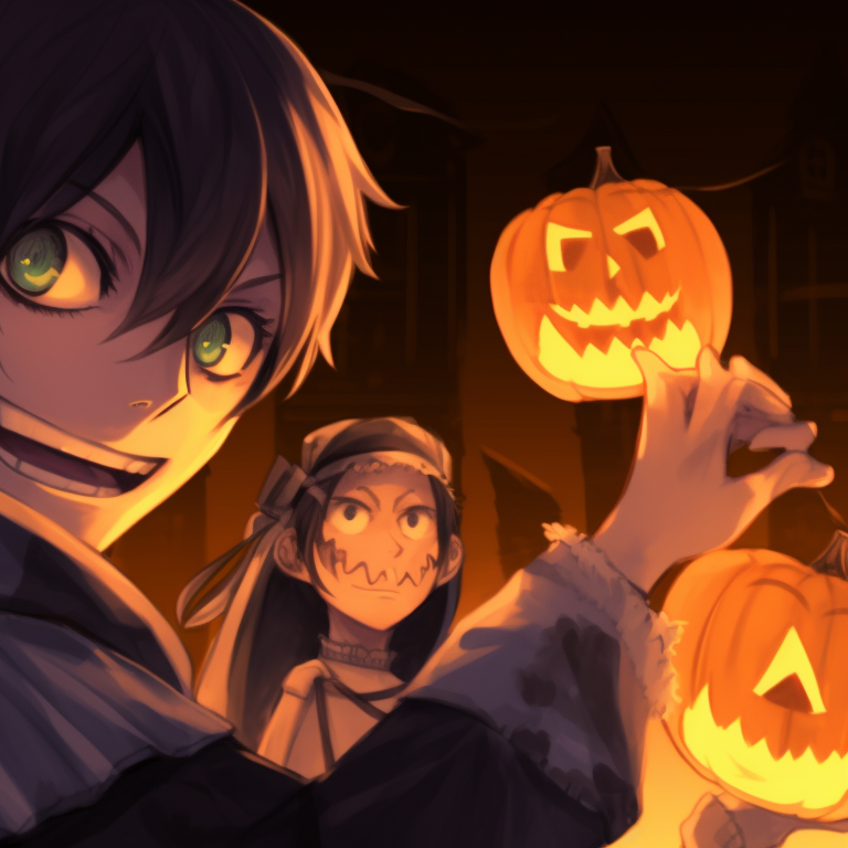 Characters holding jack-o'-lanterns, warm orange light and subtle shadows. halloween special aot matching pfp pfp for discord.