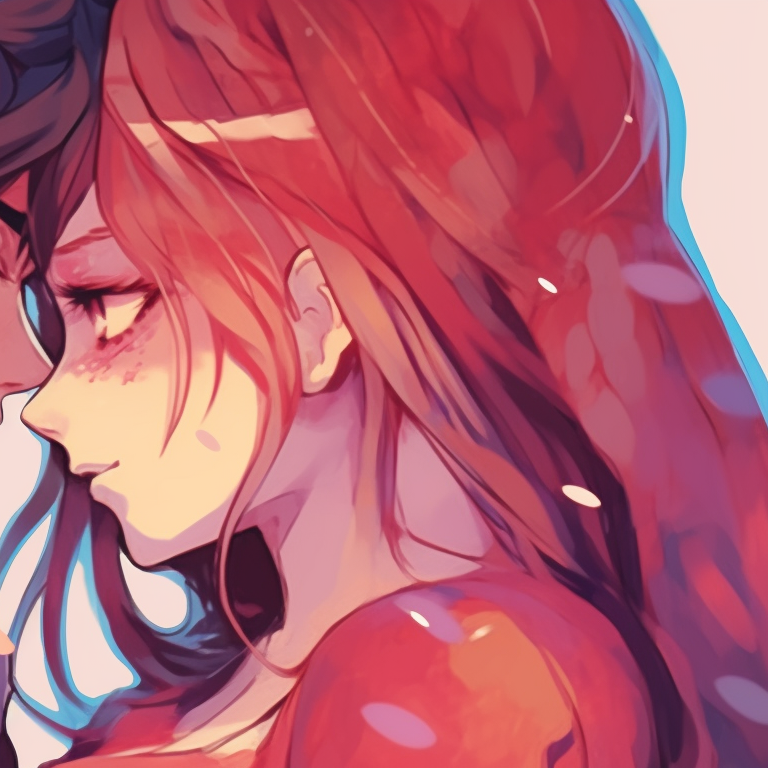 A pair showcasing harmonic dualism, muted color palette and contrasting personality traits. manga themed couple pfp matching pfp for discord.