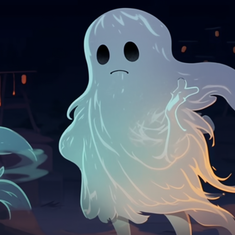 Two anime style specters, translucent and ethereal, mirroring each other's poses. matching ghost pfp halloween theme designs pfp for discord.