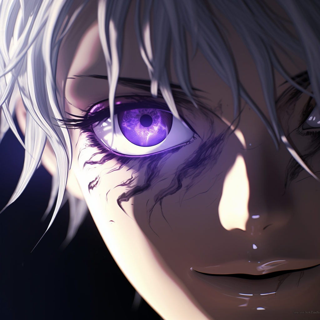 Close-up of an anime character's violet eye exhibiting glossy details and high resolution. 4k anime aesthetic profile photos