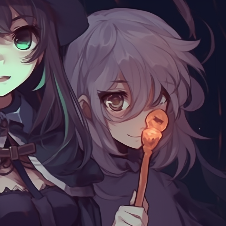 Two characters in ghost costumes, eerie green glow and supernatural elements. halloween themed pfp matching pfp for discord.
