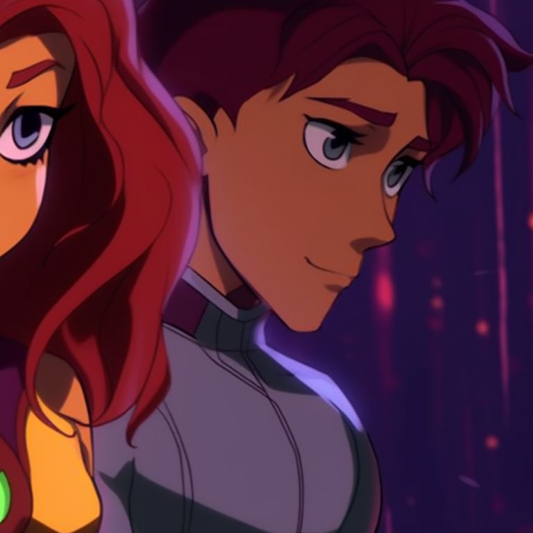 Robin and Starfire, in a retro comic art style, their expressions full of youthful zest. robin and starfire matching pfp in cartoons pfp for discord.