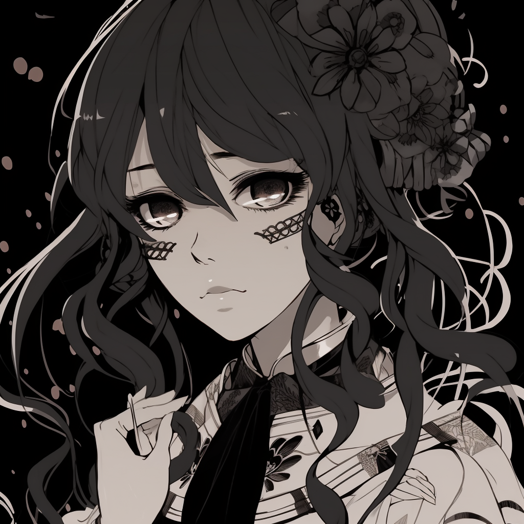 Noir-themed anime girl, monochrome palette with sharp contrast. anime black pfp for girls pfp for discord.