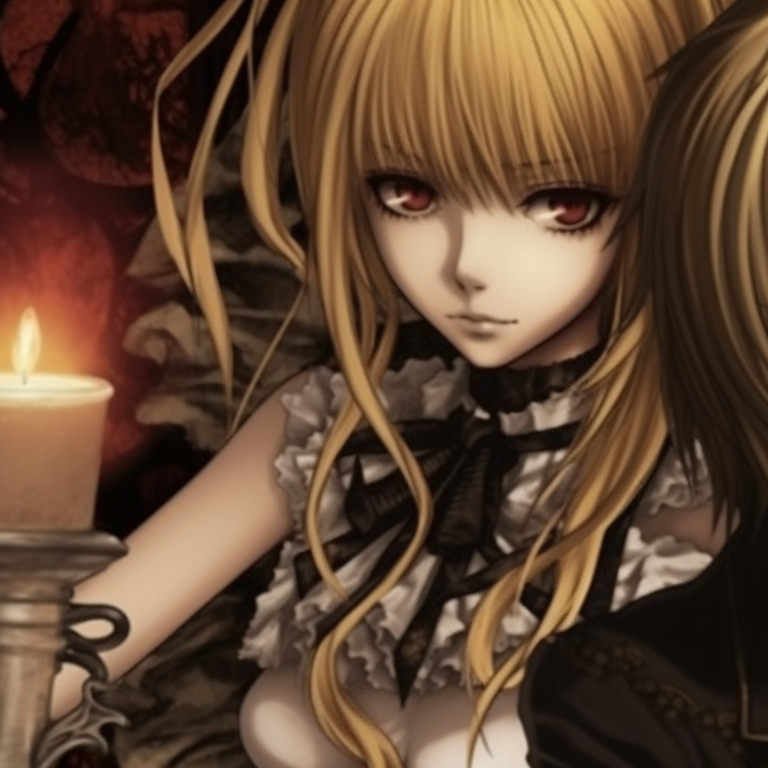 Misa Amane and Light Yagami in eerie ghostly outfits, rich dark colors used. misa amane matching spooky outfits pfp for discord.