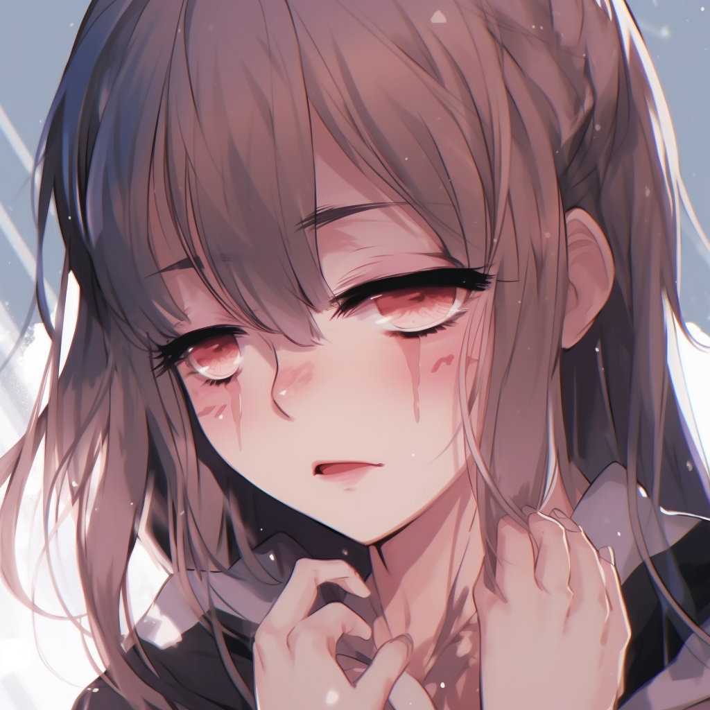 A detailed close-up of an anime girl with tears rolling down her cheeks, adorned by finely crafted facial expressions. anime pfp with tears pfp for discord.