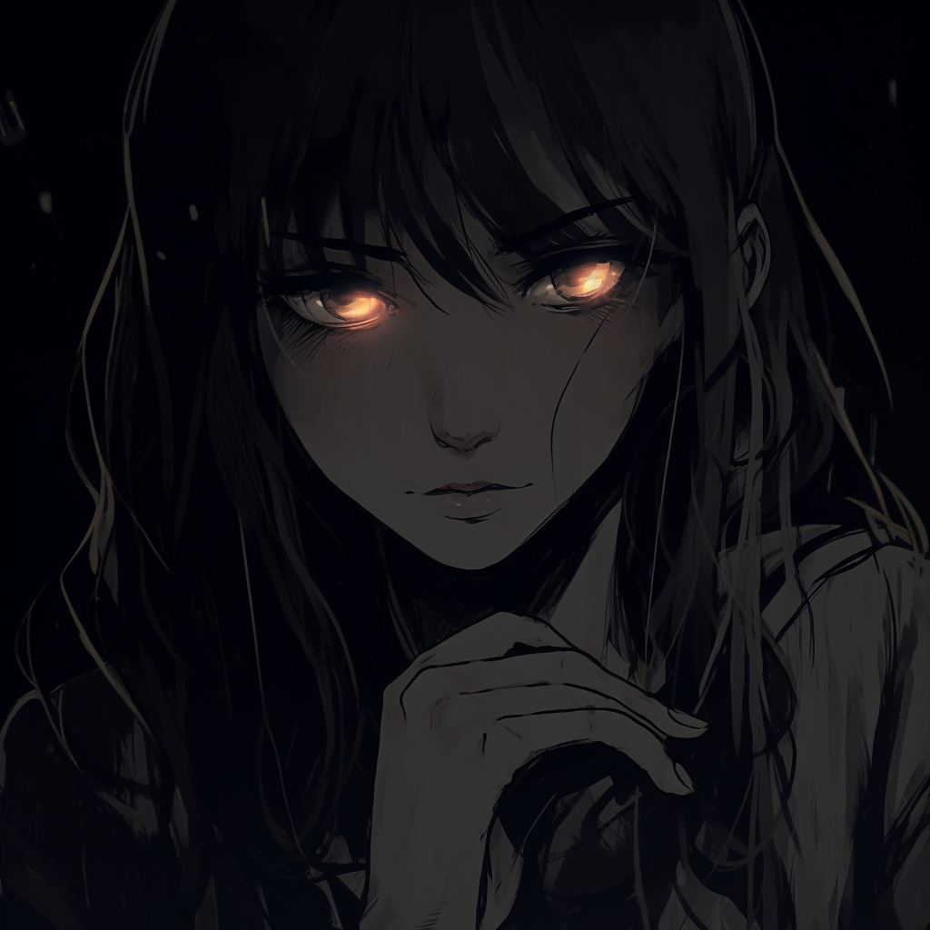 A low-light depiction of a maiden with shining eyes, the overall opacity reflecting the vibe of dark aesthetics. illustrated dark aesthetic pfp pfp for discord.