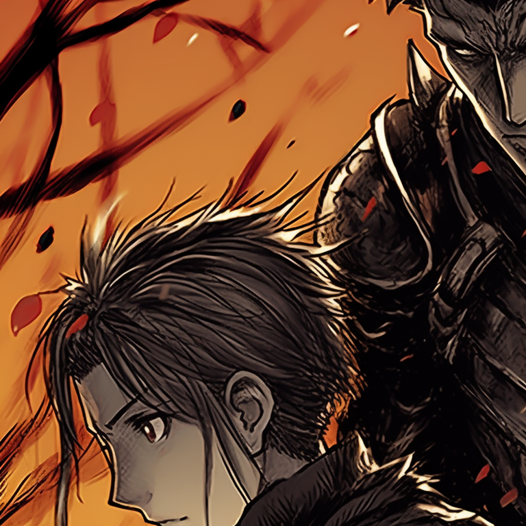 Two warriors under a halloween-themed moonlit sky, using muted and moody Colors. berserk halloween theme pfps collection pfp for discord.