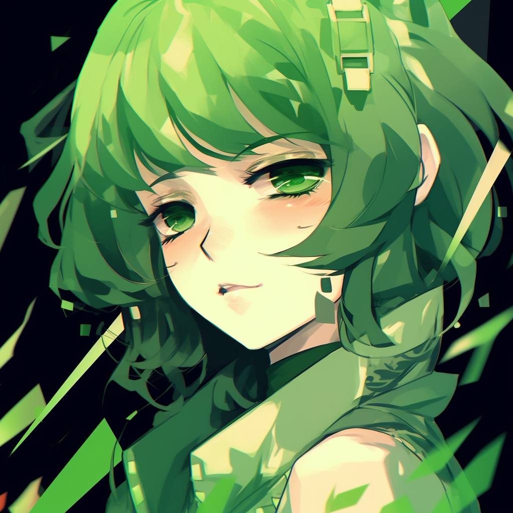 Profile of a charming anime boy, characterized by deep green elements and expressive eyes. green anime pfp aesthetic icons