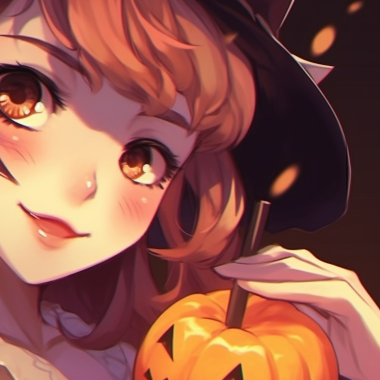Two characters donned in Halloween costumes, bold colors and hard lines, holding a carved pumpkin. hot matching pfp halloween theme for couples pfp for discord.