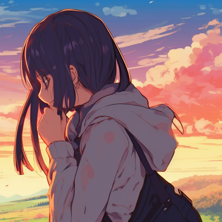 Two travelers, saturated colors and detailed landscapes, walking in the same direction. anime pfp matching with unique style pfp for discord.