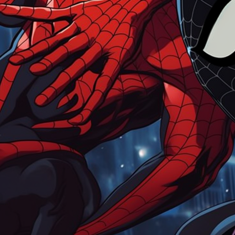 Two characters, intense expressions and contrasting red and black hues, entangled in a fierce encounter. symbiote spiderman matching pfp pfp for discord.