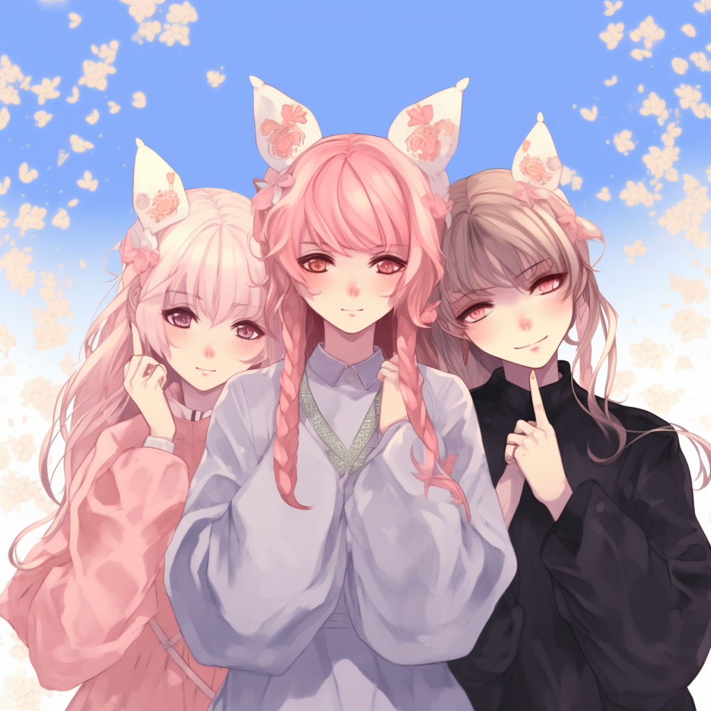 A trio of anime girls surrounded by cherry blossoms, soft pastel colors and delicate linework. aesthetic anime trio pfp pfp for discord.
