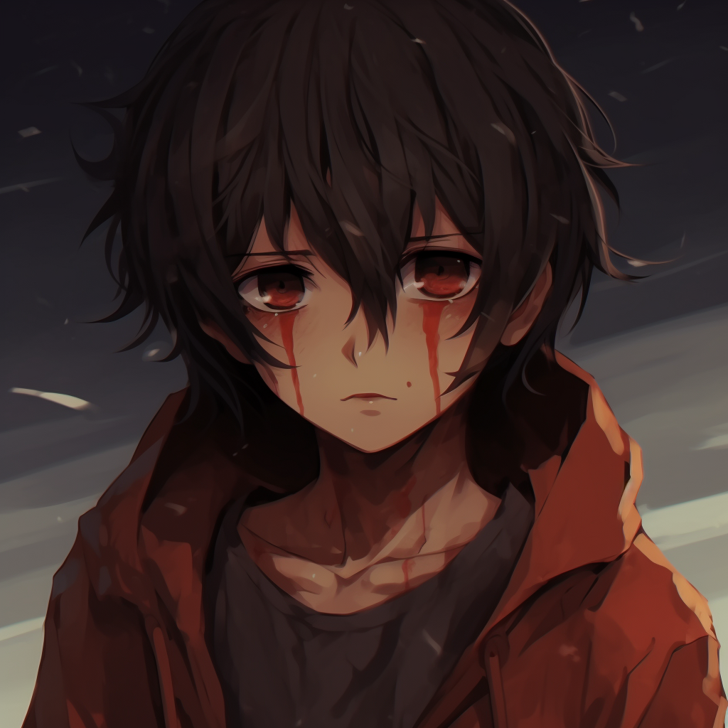 Anime boy lost in thought, expressive eyes and contrast of cool and warm tones. sad pfp anime boy characters