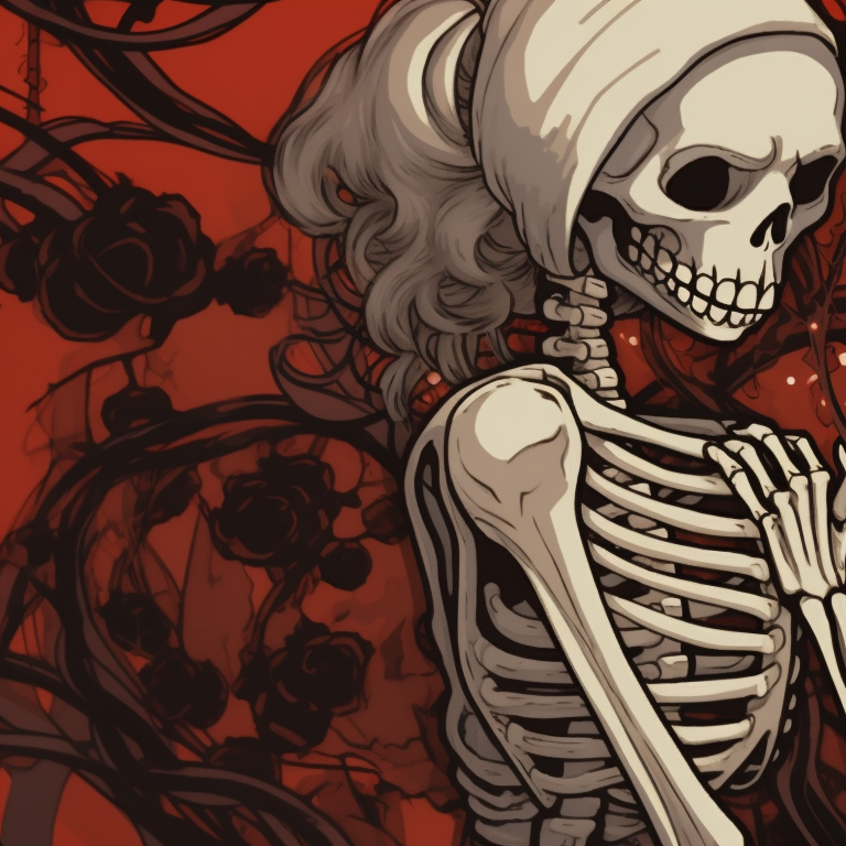 Two skeleton characters embracing in a holiday setting, with a focus on intricate details and cooler, wintery hues. santa skeletons - matching christmas pfp, kissing style pfp for discord.