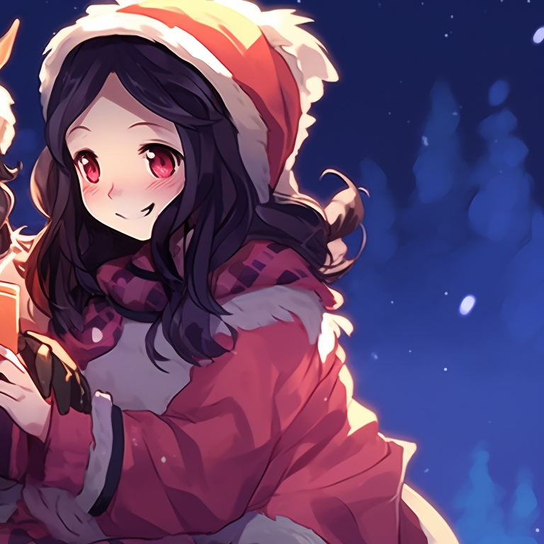 Two characters exchanging presents, their festive attire detailed with Christmas icons, in a room adorned with holiday decorations. holiday demon slayer pfps pfp for discord.