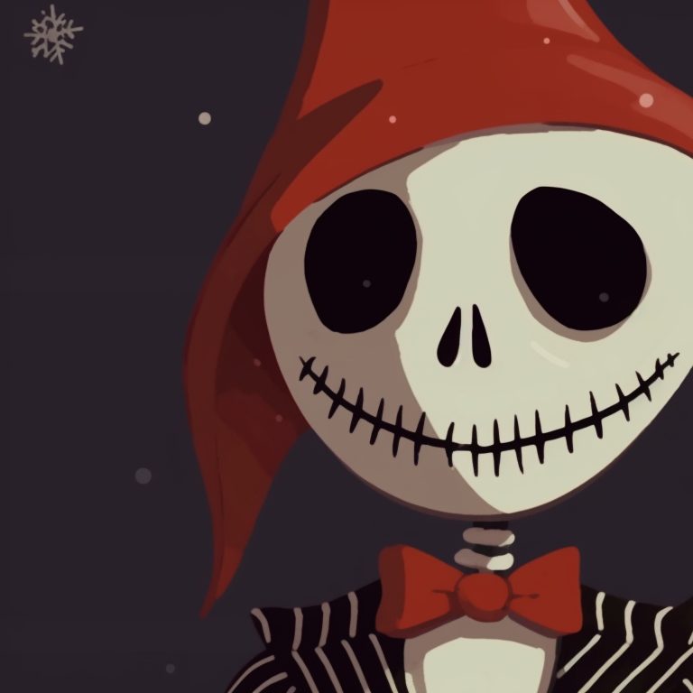 Two skulls garnished with Christmas ornaments, warm tones and striking contrasts. holiday themed matching christmas skeleton pfp pfp for discord.