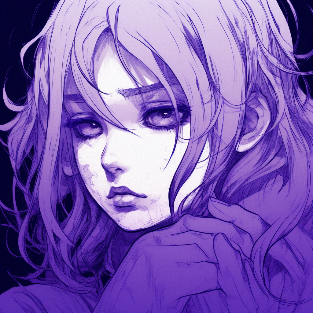 Lonesome anime figure gazing at a purple twilight, the color's richness further accentuated by austere strokes. cool anime purple pfp pfp for discord.