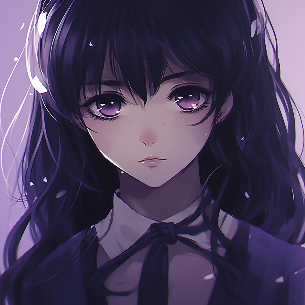 Anime girl character emanating a mystical purple aura, her ethereal appearance emphasized with violet undertones. mesmerizing purple anime girls