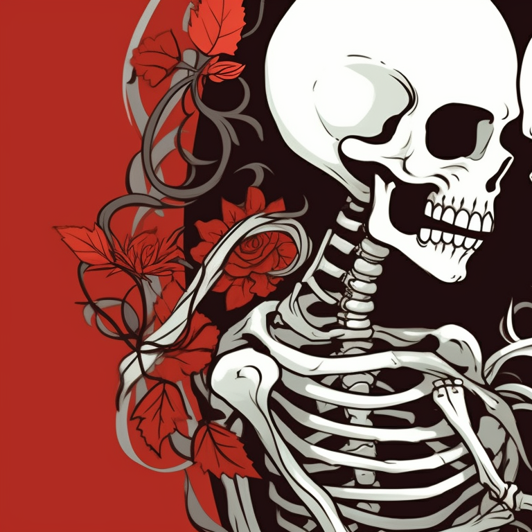 Two skeletons about to kiss, a strongly contrasting drawing with solid colors. skeletons kissing under mistletoe - matching christmas pfp pfp for discord.