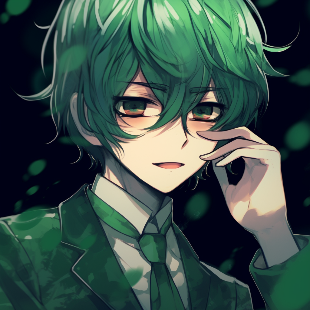 Anime boy under mystical green lights, focused details and radiant colors. emerald green anime pfp boy