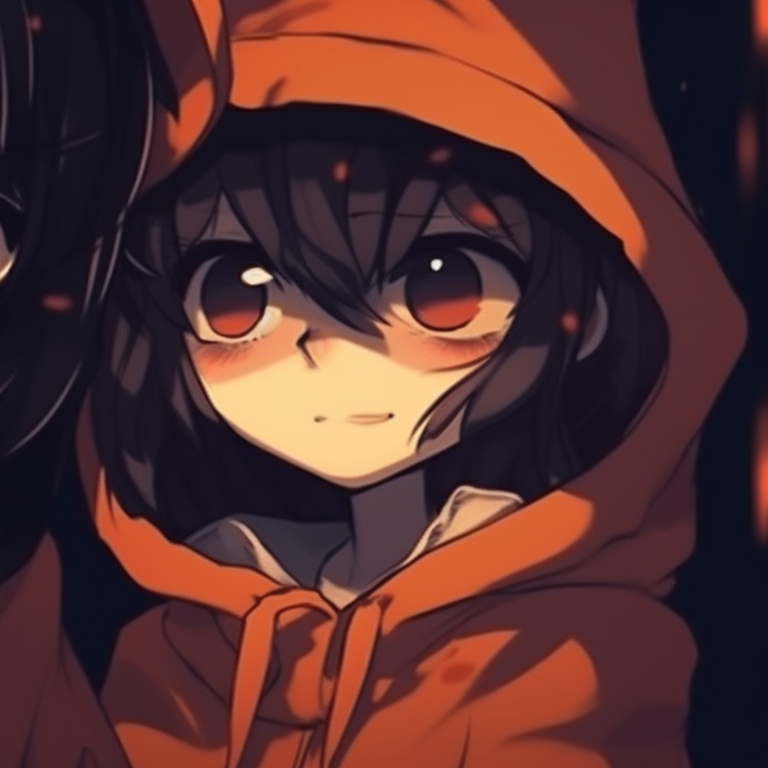 Characters sitting together, pumpkin decor and twilight sky, cartoonish style. perfect halloween matching pfp ideas pfp for discord.