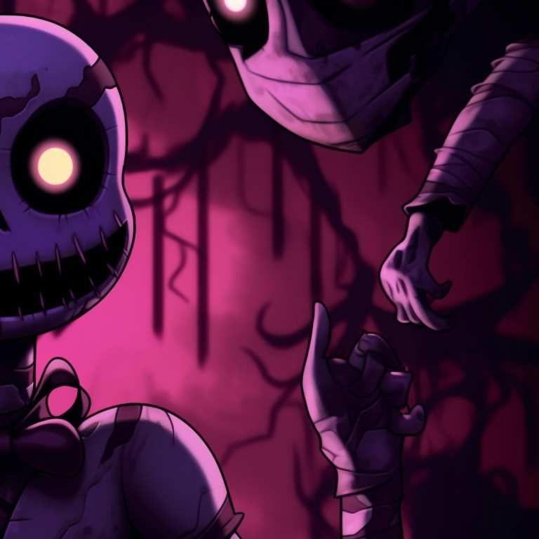 Two Fnaf characters in a face-off, their expressions are menacing, highlighted by the dynamic lines and exaggerated features. halloween theme fnaf matching pfp variations pfp for discord.