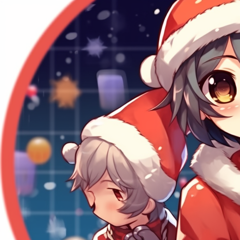 Two characters in Santa outfits, cute art style and pastel colors, cheerful smiles. adorable boys and girls matching christmas pfp pfp for discord.