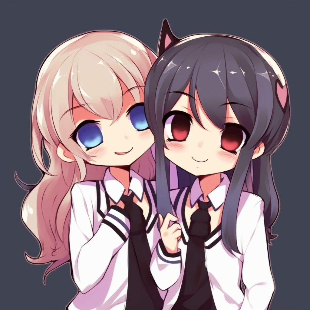Two friends wearing matching school uniforms, dynamic composition with delicate lines. adorable matching anime pfp for best friends