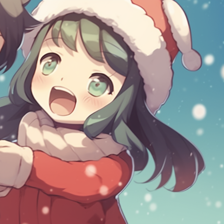 Two characters, eye contact as they exchange gifts, intricate details in the Christmas decorations. playful matching christmas pfp cartoon pfp for discord.