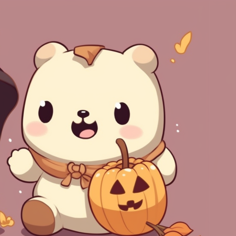 Two bears, one with a deep chocolate tone and the other with a milky white hue, amidst Halloween decor. mocha bear and milk bear halloween themed matching pfp pfp for discord.