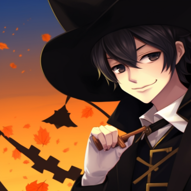 Close-up of two characters, one wearing a witch hat and the other a pilgrim hat, against an orange backdrop. thanksgiving matching pfp with halloween theme for her pfp for discord.