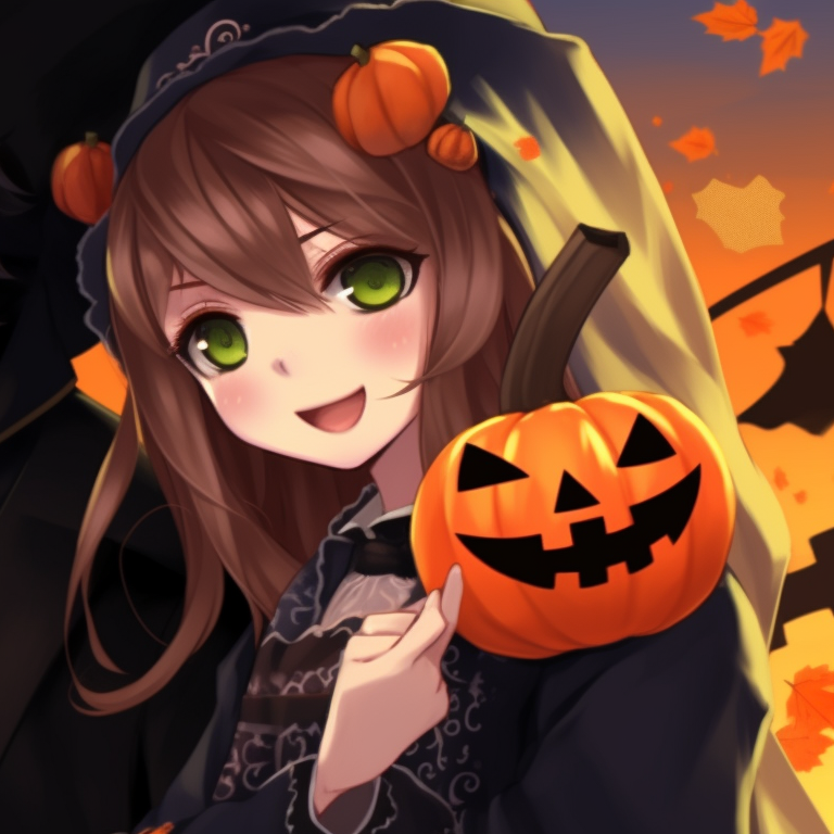 Close-up of two characters, one wearing a witch hat and the other a pilgrim hat, against an orange backdrop. thanksgiving matching pfp with halloween theme for her pfp for discord.