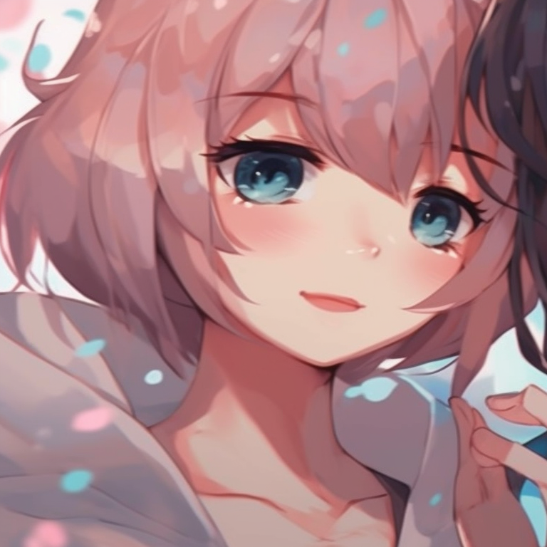 Two characters under a shower of cherry blossom petals, soft pastel colors, and delicate expressions. diverse matching pfp styles for anime best friends pfp for discord.