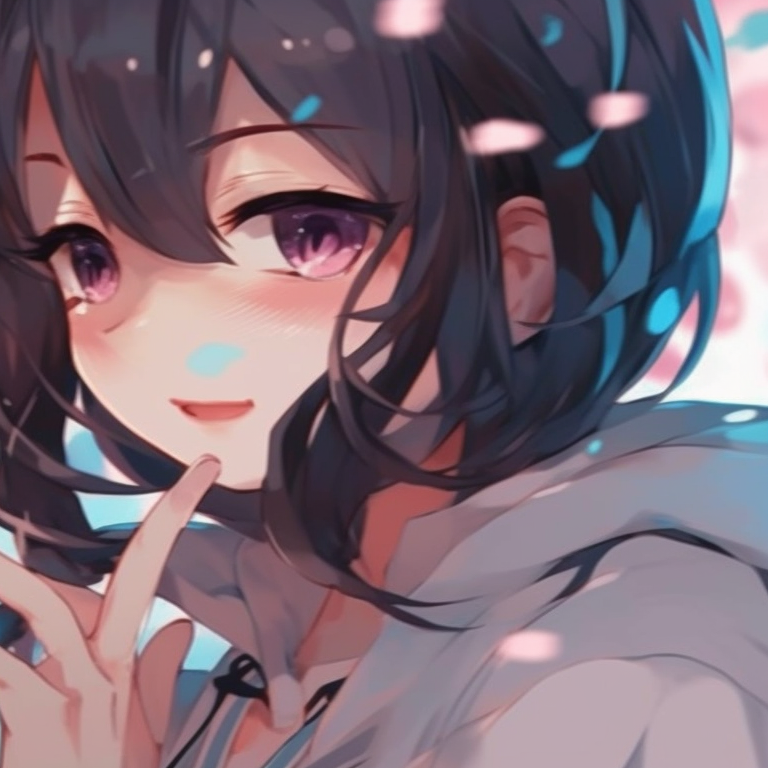 Two characters under a shower of cherry blossom petals, soft pastel colors, and delicate expressions. diverse matching pfp styles for anime best friends pfp for discord.
