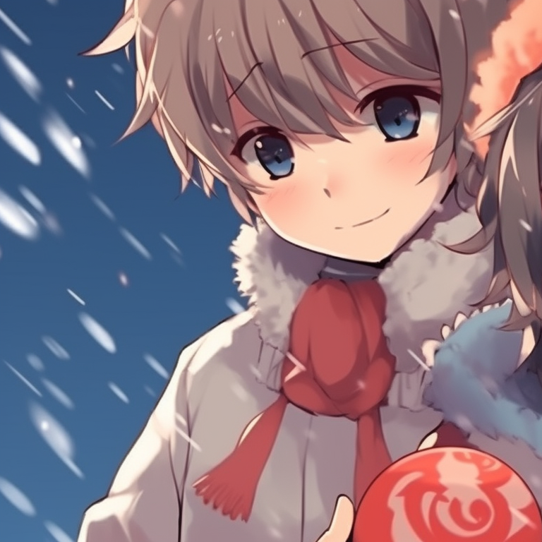Two characters in winter attire, playful expressions, holding a snowball. festive matching anime christmas pfp pfp for discord.